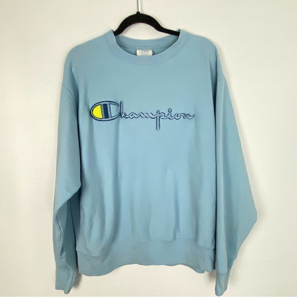 90s Vintage Champion Blue Embroidered Logo Reverse‎ Weave Crewneck Y2K Size L